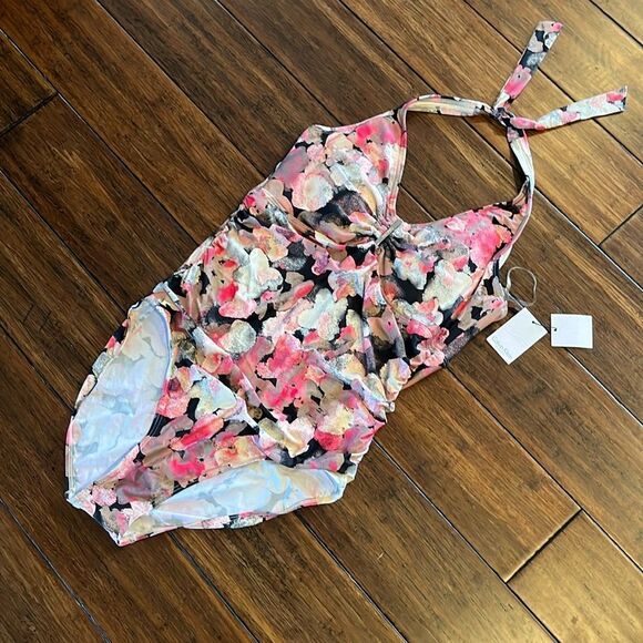 Calvin Klein Watercolor One Piece Size 16 Neon pink, black, white New - Picture 2 of 10